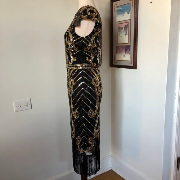 Black Gold Sequin Fringe Dress M Dance Party NYE Gatsby 1920 Flapper Costume NEW - Picture 6 of 12